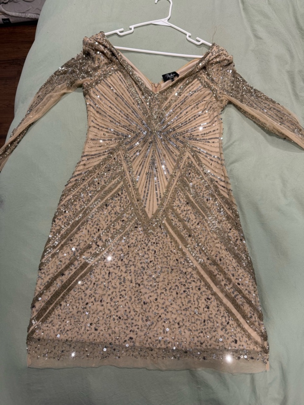 Parker Nude Champagne Sequin Long Sleeve V-Neck Dress